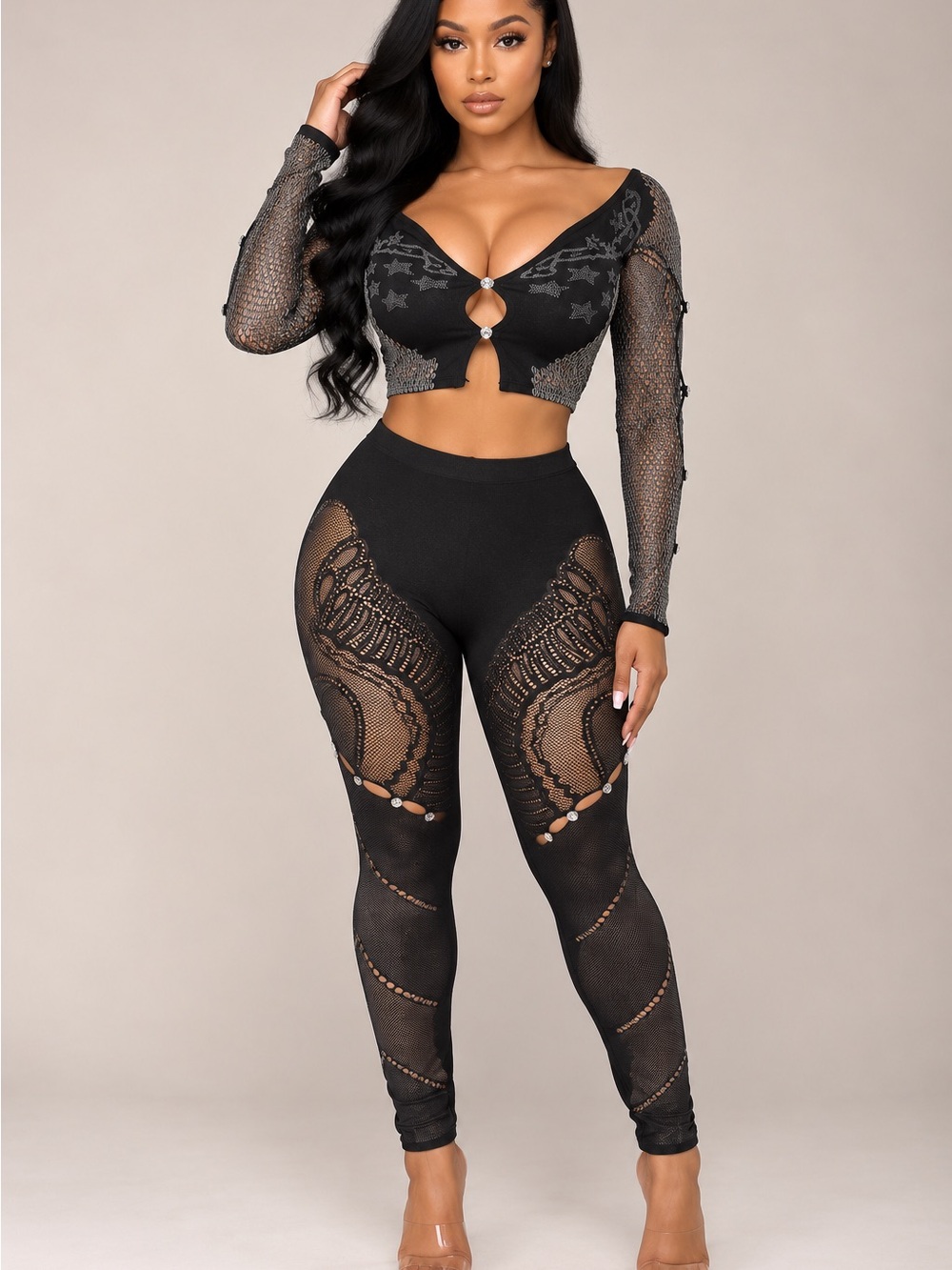 Black Sheer Lace High-Waist Leggings - Women's Pants Size S